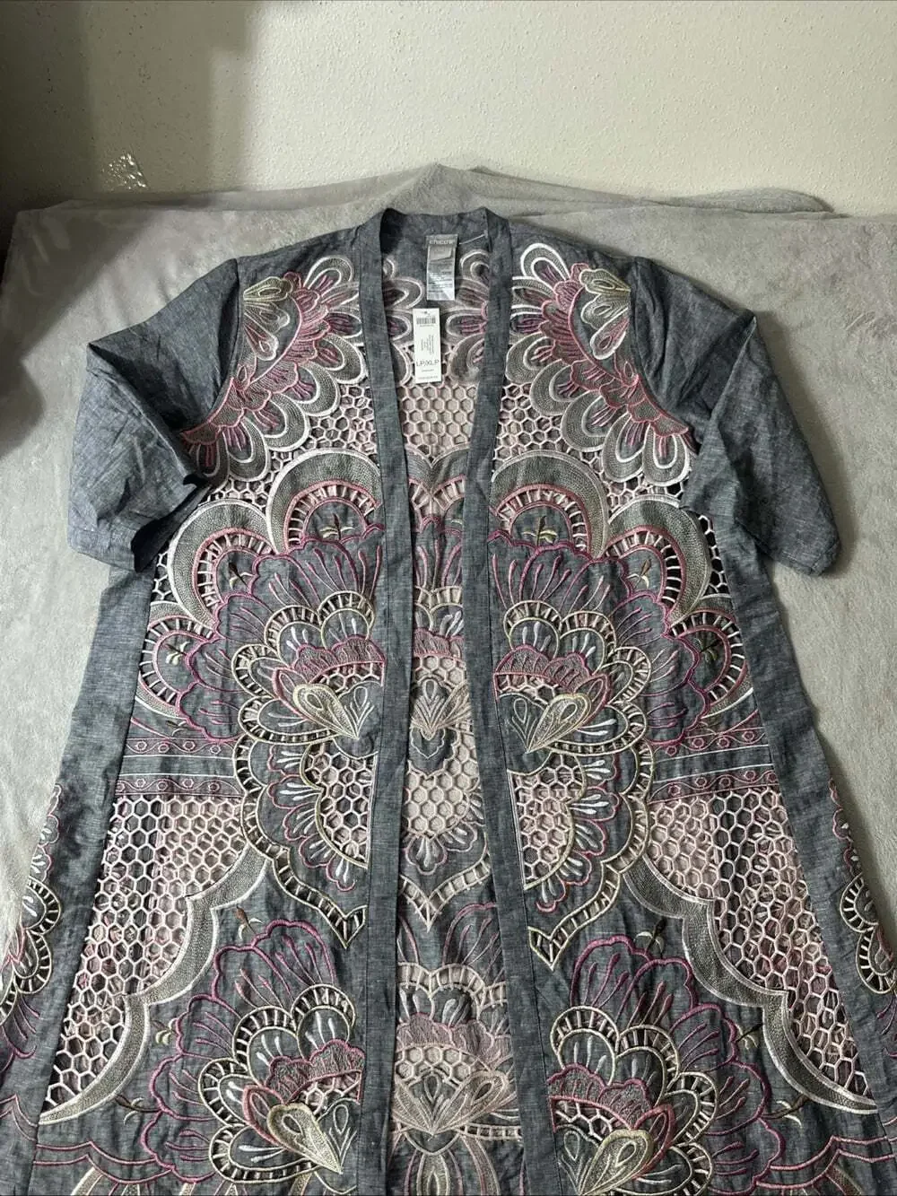 Chico’s Novelty Kimono L/XL Petite Linen Blend Scallop Embroidered Jacket NWT